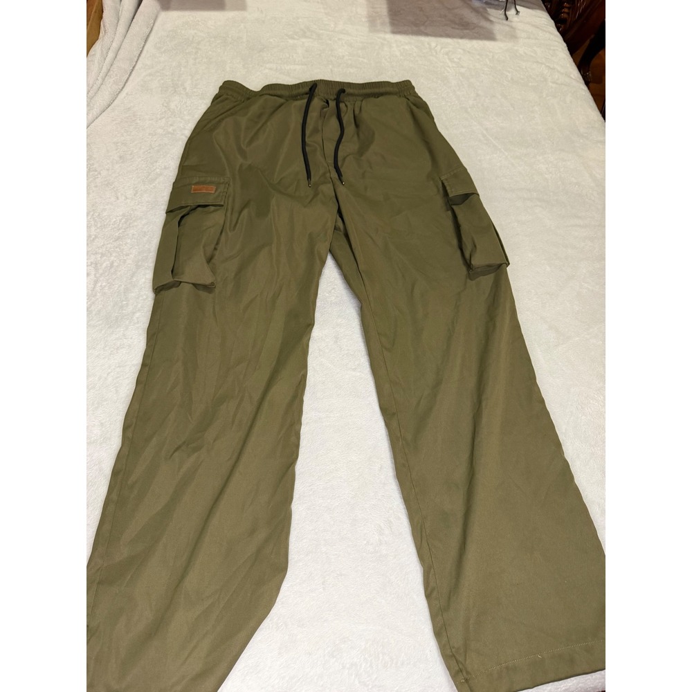 Mens Olive Green Cargo Pants Elastic Waist Drawstring Straight Leg Utility L